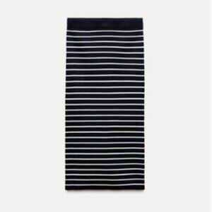 ZARA Navy Blue & White‎ Striped Knit Midi Pencil Skirt - S